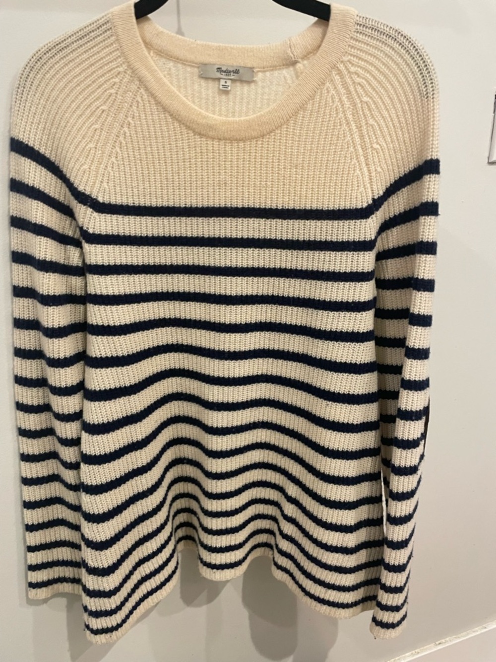 Madewell Cream and Navy Striped Crewneck Sweater with Elbow Detail